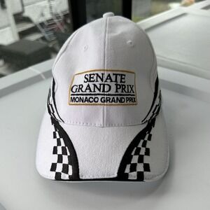 Vintage SENATE MONACO GRAND PRIX Hat OSFA White & Black Baseball Cap Hook & Loop